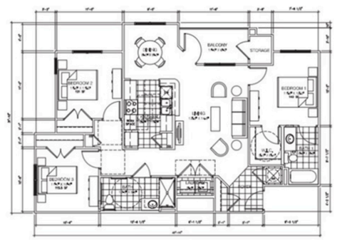 Floor plan for 3 beds, 2 baths, 1239 sqft